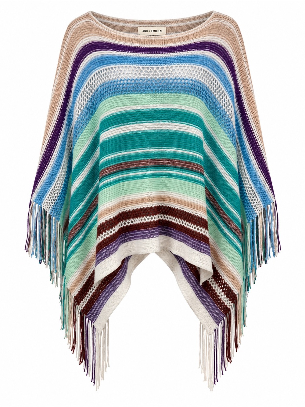 Multicolor Striped Fringe Knit Poncho Sweater